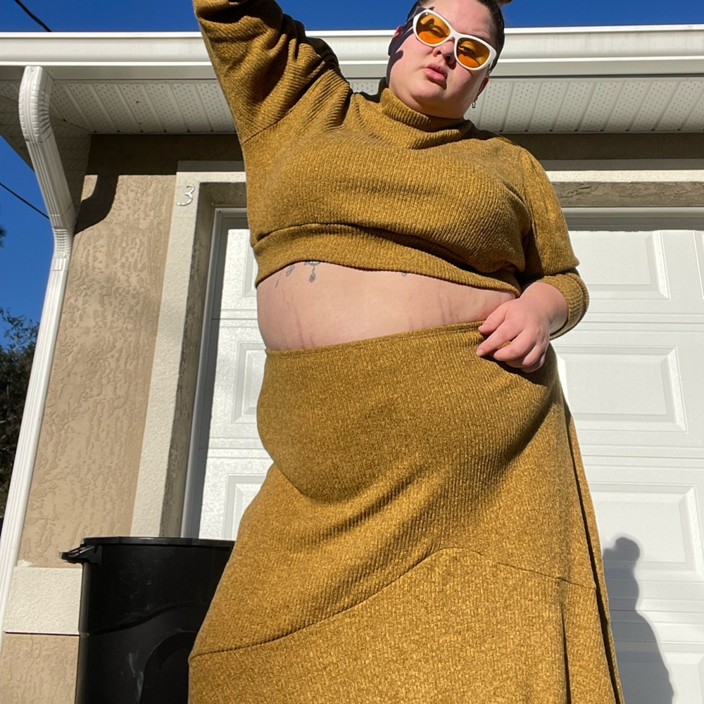 Mustard Sweater Set Plus Size Turtleneck Long Sleeve Skirt and Top